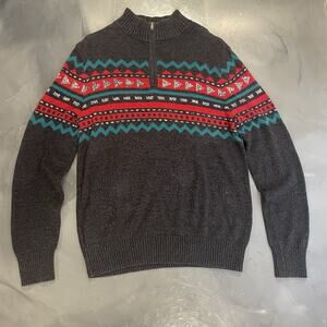 Urban Pipeline Men’s Sweater Large Gray Red Green Fair Isle Half Zip Nordic‎ Ski